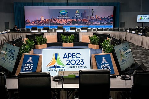 Screens display the APEC 2023 logo before the start of the Concluding Senior Officials' Meeting during the Asia-Pacific Economic Cooperation summit at the Moscone Center on 11 November 2023 in San Francisco, California. The 2023 Asia-Pacific Economic Cooperation (APEC) Summit is set to run through 17 November, with more than 20,000 people including dozens of world leaders and hundreds of CEOs attending the event. (Photo by Kent Nishimura / GETTY IMAGES NORTH AMERICA / Getty Images via AFP)