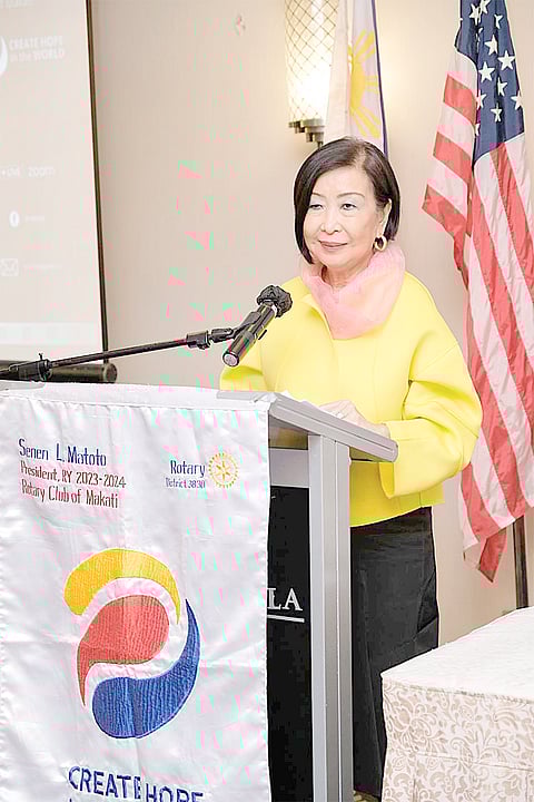 Jean Margaret Goulbourn, who was the Rotary Club of Makati's guest speaker during the Club's weekly meeting Tuesday last week, was a favorite model of the late Fashion Czar of Asia, Pitoy Moreno, who dubbed her the ‘Czarina of RTW’ when she launched her chic, stylish JM Goulbourn brand of RTW wear at the SM Boutique Square in the mid-1970s. Currently, she is famed for the stunning, all-natural fiber apparel, including hand-woven silk barongs crafted by her atelier, Silk Cocoon. Jean Goulbourn is also noted as a leading advocate for mental health care and awareness in the country through the Natasha Goulbourn Foundation-NGF Mindstrong, which she founded in 2007 after the tragic passing of one of her two daughters from depression.