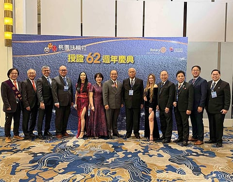 PHOTOgraph courtesy of RC MAKATI
IN a festive mood, as Rotary Club of Makati delegation members and their Rotary Club of Taoyuan counterparts celebrate RC Taoyuan's 62nd Charter Anniversary at the Royal Wedding Banquet Plaza in Taoyuan, Taiwan. Photo shows members from both Clubs posing for the camera namely (from left) Dr. Chen Kuang-Wei (Embryo), Fu Kuan-Chiun (PP Paper), PN Eddie Galvez, Dir. Johnny Ang, Ann Cat Rufino, Yang Hsueh-Hsin (wife of president Fred), RC Taoyuan president Chou Chin-Fu (president Fred), RC Makati president Bing Matoto, Jane Tumali, Derrick Tan, PP Louie Aseoche, Michael Hsu, and Paolo Turno.