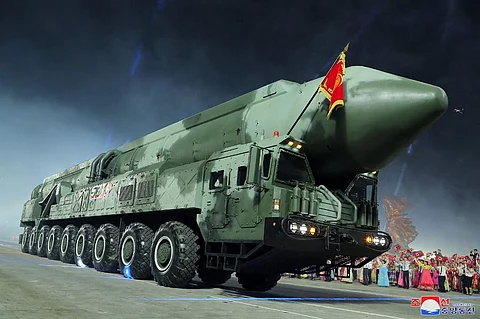 This picture taken on July 27, 2023 and released from North Korea's official Korean Central News Agency (KCNA) on July 28, 2023 shows a new model of intercontinental ballistic missile (ICBM), the solid-fuel Hwasong-18, being paraded at Kim Il Sung Square in Pyongyang to mark a key anniversary of the Korean War. Photo by KCNA VIA KNS / AFP