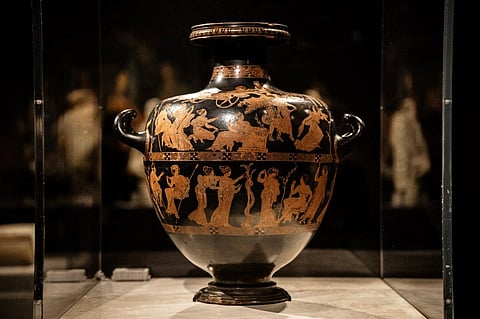 This photograph taken on December 5, 2023 shows 'Meidias hydria', a 2,500-year-old Greek vase on loan from the British museum, displayed in the temporary exhibition titled "Meanings" at the Acropolis Museum, in Athens. Photo by Angelos Tzortzinis / AFP