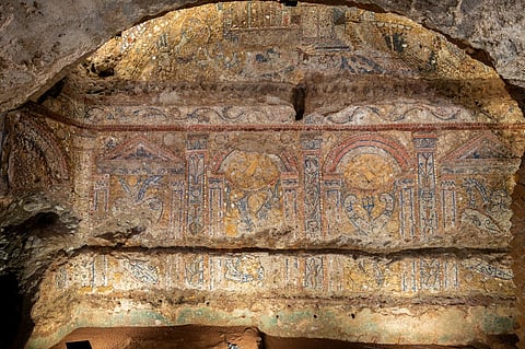 This handout picture released by the Italian Culture Ministry on December 12, 2023 shows mosaics uncovered in a luxurious Roman home near the Colosseum. Photo by Handout / ITALIAN MINISTRY OF CULTURE / AFP