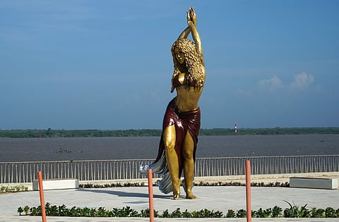 View of a statue of Colombian singer Shakira at the Malecon in Barranquilla, Colombia, on 26 December 2023. (Photo by AFP)