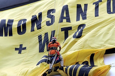 FILE PHOTO: A Greenpeace activist hangs a gaint protest banner at a building. (Photo by JAY DIRECTO / AFP)
