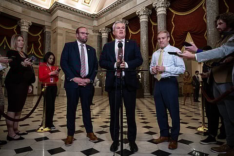 WASHINGTON, DC - 13 DECEMBER: (L-R) Chairman of the House Ways and Means Committee Rep. Jason Smith (R-MO), Chairman of the House Oversight Committee Rep. James Comer (R-KY) and Chairman of the House Judiciary Committee Rep. Jim Jordan (R-OH) speak to reporters after the House voted to formally authorize the impeachment inquiry into U.S. President Joe Biden, in Statuary Hall at the U.S. Capitol, 13 December 2023, in Washington, DC. The vote was 221-212 along party lines. (Photo by Drew Angerer / GETTY IMAGES NORTH AMERICA / Getty Images via AFP)