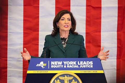 New York Gov. Kathy Hochul speaks during a press conference and signing of legislation creating a commission for the study of reparations in New York on 19 December 2023 in New York City. (Photo by Michael M. Santiago / GETTY IMAGES NORTH AMERICA / Getty Images via AFP)
