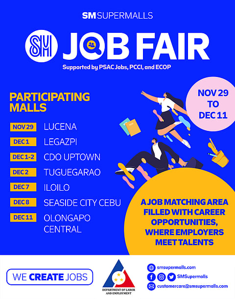 The annual SM Job Fair wiould take place in select SM malls from 29 November to 11 December 2023, offering employment opportunities across various regions of the country.