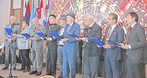 Photographs by joey sanchez mendoza for the daily tribune @tribunephl_joey
Giving tribute to the great Filipino composer George S. Canseco, by singing some of his memorable songs are, from left: Rotary Club of Manila president Rafael Alunan III; Rotarian Herbert Joey Garcia; STAR Rotarian, Dr. Manny Almelor; RC Manila VP Reginald ‘Reggie’ Yu; RC Manila Director, Albert ‘Hans’ C. Palacios; RC Manila District governor-elect Joaquin ‘Jackie’ C. Rodriguez; past director Oscar ‘Oca’ Del Rosario; board legal adviser Raoul C. Creencia; and Rotarian Jose Angel ‘Joel’ L. Talampas.