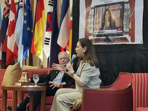 Much-acclaimed, multi-awarded broadcast journalist Karen Davila in a fireside chat with Rotary Club of Manila president Rafael Alunan III and RC Manila members last Thursday at the Manila Polo Club in Makati, Metro Manila. Ms. Davila was the Club’s guest of honor during its 21st weekly membership meeting at the MPC last 7 December 2023. | PHOTOgraph courtesy of RC Manila