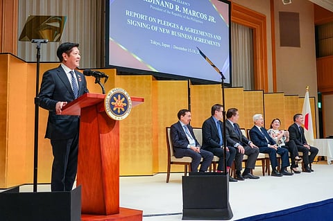 (FILE PHOTO) President Ferdinand "Bongbong" Marcos Jr. addresses Japanese investors during a recent Japan visit, in which he announced that his delegation sealed an additional P14.5 billion worth of deals, set to create 15,750 more jobs in the Philippines.