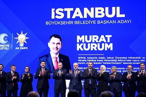 Turkish President Tayyip Erdogan (C) announces Murat Kurum (L) as his ruling Justice and Development Party (AK Party) candidate in Istanbul's upcoming mayoral election in March, in Istanbul on 7 January 2024. Murat Kurum will represent Erdogan's Islamic conservative Justice and Development Party (AKP) in the 31 March municipal elections in which control of Turkey's main cities will be up for grabs. The secular opposition Republican People's Party (CHP) seized back control of Istanbul for the first time since Erdogan ruled the city as mayor in the 1990s in watershed 2019 polls. (Photo by YASIN AKGUL / AFP)
