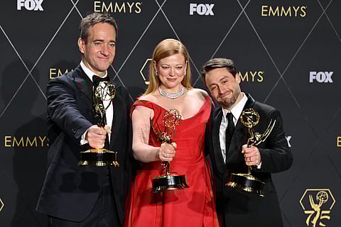 (FROM left) Matthew Macfadyen, Best Supporting Actor in a Drama Series; Sarah Snook, Best Actress in a Drama Series; and Kieran Culkin, Best Actor in a Drama Series, all for ‘Succession.’(robyn beck/agence france presse)
