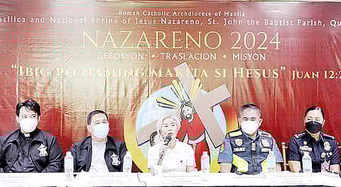 PREPARATIONS for this year’s Traslacion are discussed in a press conference attended by (from left) Rev. Fr. Jonathan Mojica, parochial Nazareno secretariat head; Rev. Fr. Rufino Sescon Jr., Quiapo church parish priest; Manila Mayor Ma. Sheelah Honey Lacuna-Pangan; PCDL Arnold Thomas Ibay, District, Director, MPD; and Christine Doctor Cula, district fire marshal safety cluster. The presscon was held yesterday at Pope Benedict Building, Minor Basilica and National Shrine of Jesus Nazarene in Quiapo, Manila.