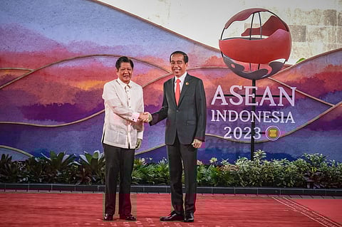 File photo
President Ferdinand Romualdez Marcos Jr shakes hands with President Jokowi Widodo during the arrival greetings at the start of the 42nd Association of Southeast Asian Nations (ASEAN) Summit in Labuan Bajo, Indonesia on Wednesday, May 10, 2023. On Tuesday, the president announced that the Philippines will host the Association of Southeast Asian Nations Summit in 2026. | Photo by Yummie Dingding.