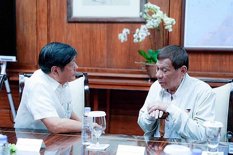 President Ferdinand R. Marcos Jr. (left) and former President Rodrigo Duterte caught up at Malacañang Palace in August 2023. They discussed Duterte’s previous meeting with Chinese President Xi Jinping in Beijing. | PHOTOGRAPH COURTESY OF PCO