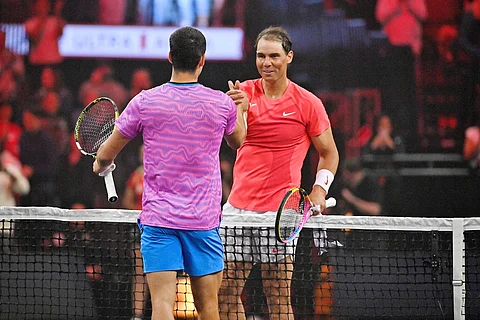 RAFAEL Nadal congratulates Carlos Alcaraz after prevailing in their friendly match at the MGM Bay Resort and Casino in Las Vegas. | David Becker/Agence France-Presse