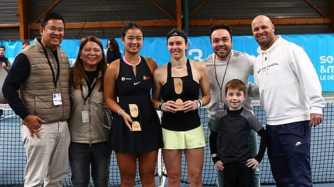 Alex Eala (third from left) celebrates her victory in doubles play alongside French partner Estelle Cascino in the W75 Croissy-Beabourg. | PHOTOGRAPH COURTESY OF EWEN GAVET AND FRANCIS EALA