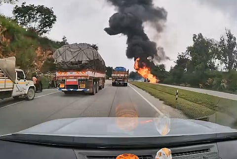 Chemical tanker overturns and catches fire on NICE highway
