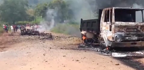 Five people, including a schoolteacher, died in an explosion during road-widening work in Andhra Pradesh.