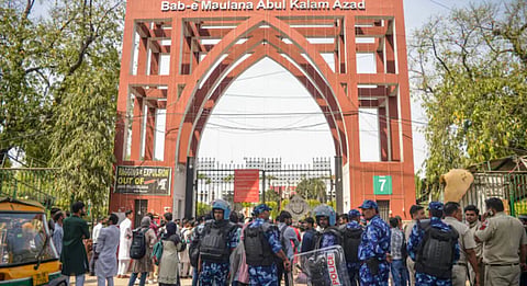 Security personnel deployed outside Jamia Millia Islamia amid students’ protest demanding restoration of the students’ union.