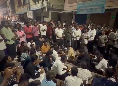 Protesters gather in Hyderabad’s Madannapet after an egg was allegedly thrown during a Durga Mata idol procession.