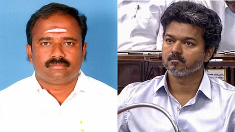 S Jayakumar of Perundurai, AIADMK (on the left, one of the members who joined TVK under Anti-Defection law) ; C. Joseph Vijay (on the right, CM of Tamil Nadu)