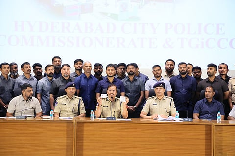 Hyderabad Police Commissioner V.C. Sajjanar briefing the media on the arrest of the Nepal-based gang behind the murder of a retired IPS officer’s wife, in Hyderabad on Monday.