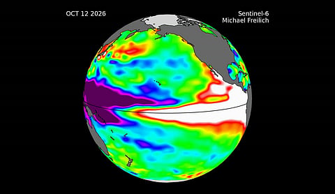 Global satellite map showing sea-surface height anomalies during the 2026 El Nino, dated October 12, 2026, with a deep purple band west of the dateline and a red-white band off South America