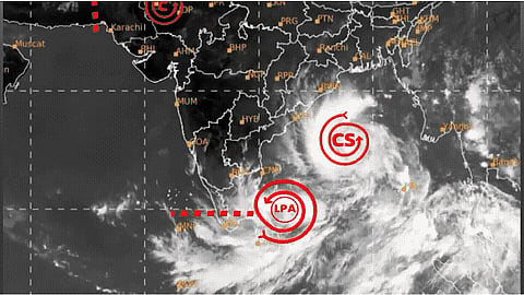 Satellite/weather map graphic showing Cyclone Arnab's track over the Indian east coast