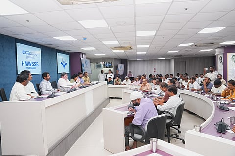 Media representatives attend a meeting with HMWSSB MD Ashok Reddy in Hyderabad.