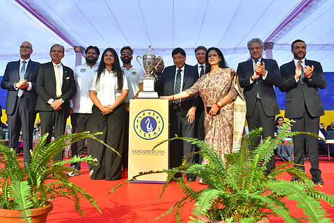 Amity dignitaries pose with the Champions Trophy at Sangathan-2026, the 27th Inter-Amity Institutions Sports Meet.