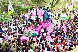 TRS claims credit for Telangana, KCR holds victory march