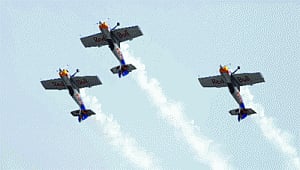 Close call for 2 pilots performing aerobatics