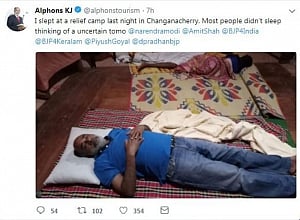 Alphons sleeps in Kerala relief camp, trolled for posting picture