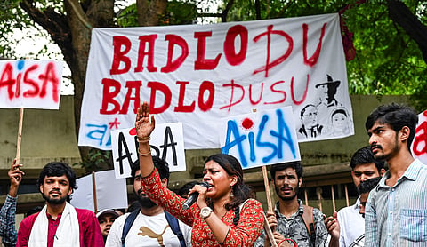 Members of student political organisation AISA during a march ahead of the Delhi University Students Union (DUSU) elections at Arts Faculty in New Delhi. PTI photo