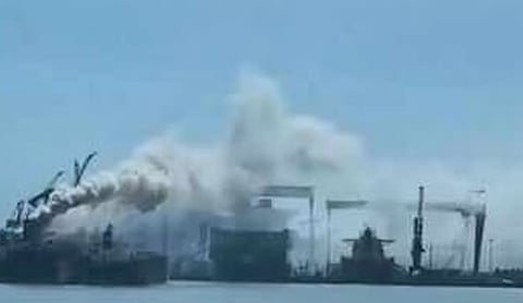 A cargo ship at a shipyard in Qingdao, China, where a fire killed 25 people. Image source: X/@Unknown_13742