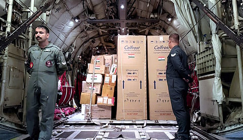 Humanitarian assistance, sent by India in the aftermath of the recent flash floods, being handed over to Nepalese Minister of Science, Technology and Innovation Mahabir Pun, in Kathmandu. (@MEAIndia/X via PTI Photo)