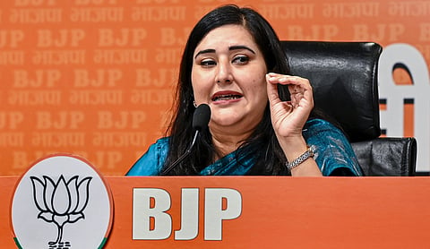 BJP MP Bansuri Swaraj addresses reporters. PTI image