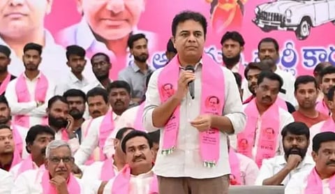 BRS working president K T Rama Rao with party members at a public gathering. File photo.