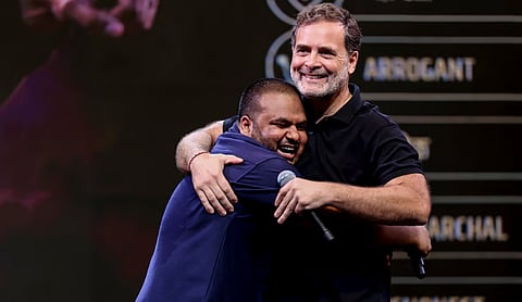 Comedian Pulkit Mani with Congress leader Rahul Gandhi during the "Chhatron ki Goonj" event in Indore. (PTI Photo)
