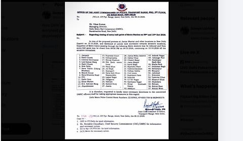 A copy of the Delhi Police letter to DMRC requesting closure of entry and exit gates at 57 metro stations. (Source: X)