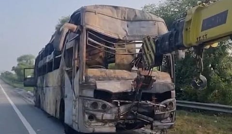 Bus that caught fire on the Yamuna Expressway in Greater Noida. Source: X