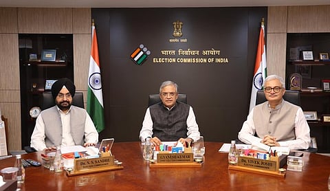 Chief Election Commissioner Gyanesh Kumar with Election Commissioners Sukhbir Singh Sandhu and Vivek Joshi at the Commission meeting on September 26, 2026. Credit: Election Commission of India/X.