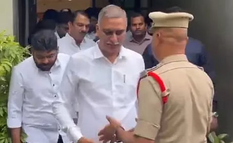 BRS leader T Harish Rao is stopped by police ahead of his planned visit to Warangal. Photo source: X