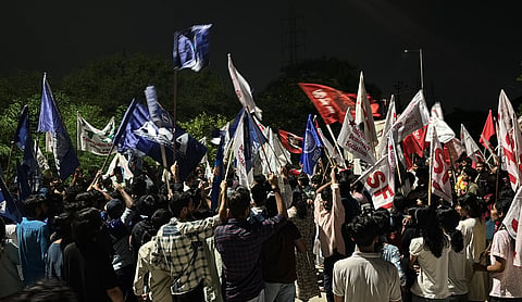 Members of the Left-Ambedkarite-Tribal front hold a gathering after finalising their alliance ahead of the HCU students union elections. (Image: Pioneer Digital Service)