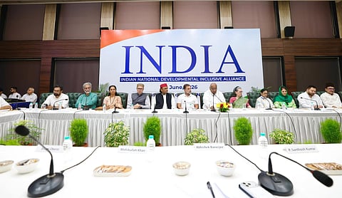 INDIA bloc leaders at a meeting in New Delhi to discuss their campaign over electoral rolls and the Special Intensive Revision. Image source: INC website