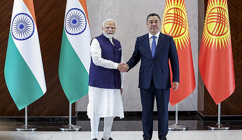 Prime Minister Narendra Modi and Kyrgyz President Sadyr Zhaparov shake hands during a bilateral meeting on the sidelines of the SCO Summit, in Bishkek, Kyrgyzstan. (PMO via PTI Photo)