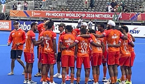 India players in action against the Netherlands during their Hockey World Cup match on Saturday. | Photo: PTI