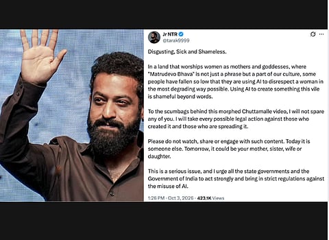 Jr NTR condemns the alleged AI deepfake targeting Janhvi Kapoor in a social media post.