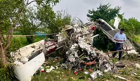File photo: the wreckage of the training aircraft that crashed in Kanpur. (PTI Photo)